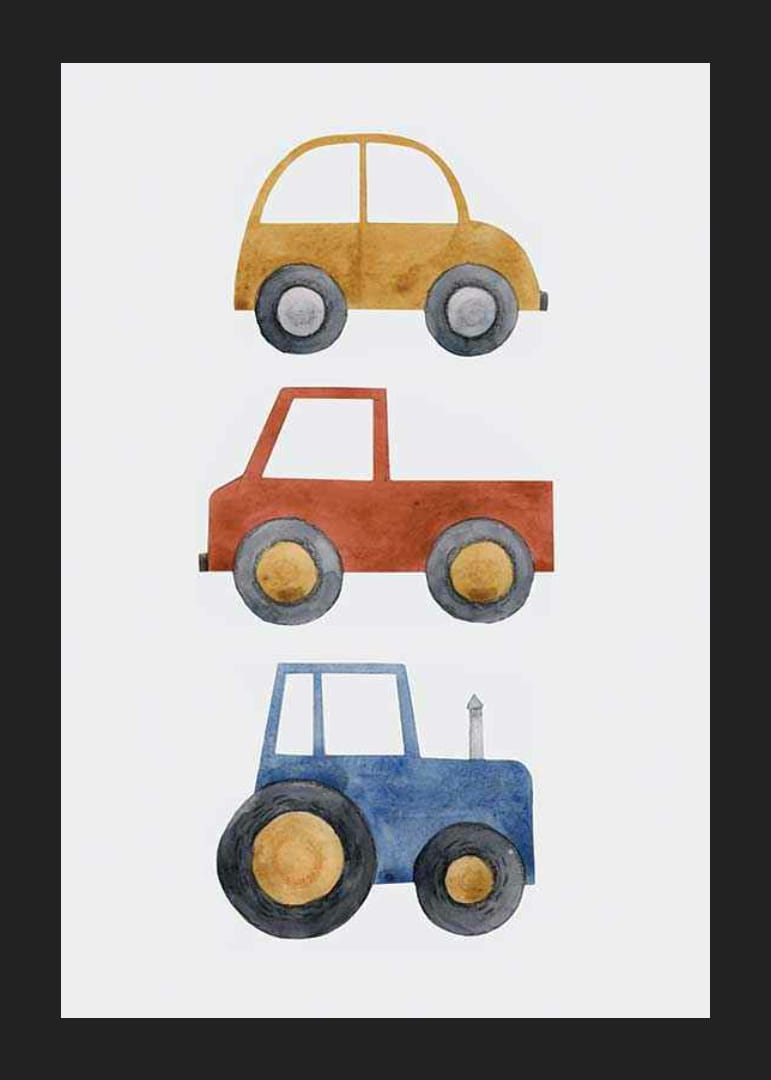 Ilustración de acuarela con coche amarillo, coche rojo y tractor azul.-12