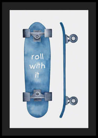 Ilustración de acuarela de patineta azul con texto blanco.-4