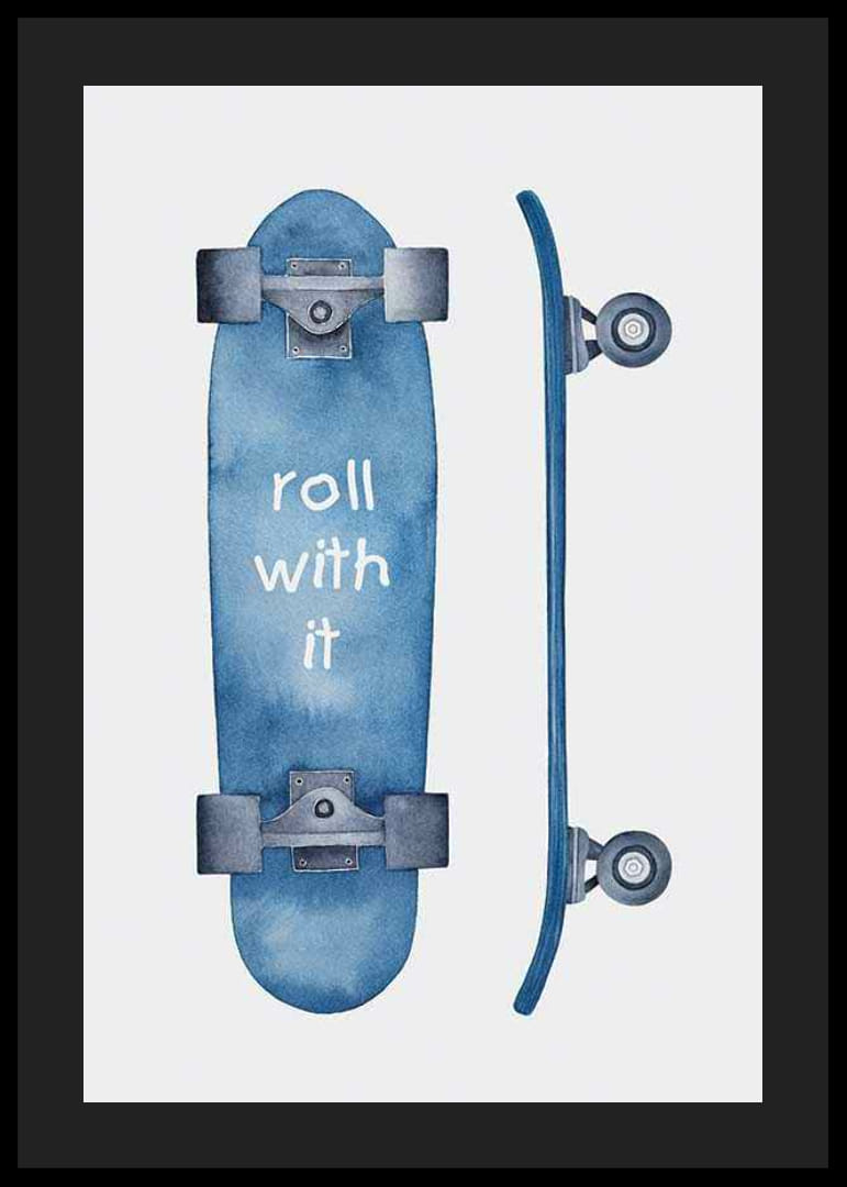 Ilustración de acuarela de patineta azul con texto blanco.-12