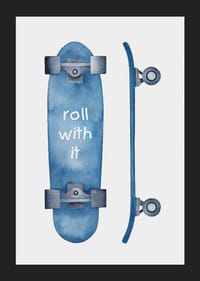 Ilustración de acuarela de patineta azul con texto blanco.-5