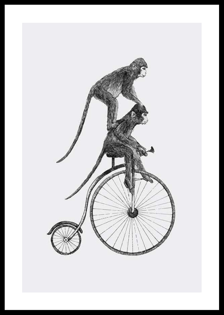Svartvit illustration av två apor på en gammaldags cykel-12