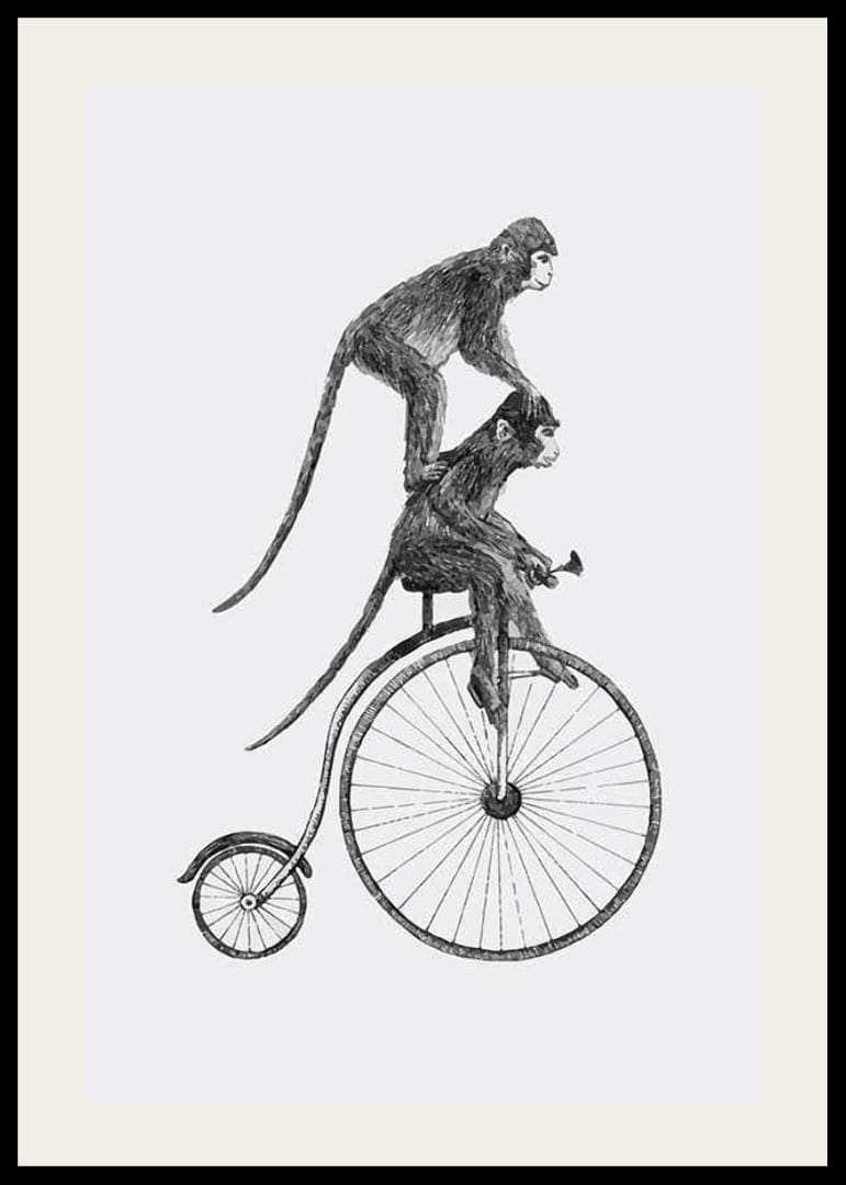 Illustration en noir et blanc de deux singes sur un vélo à l'ancienne-12
