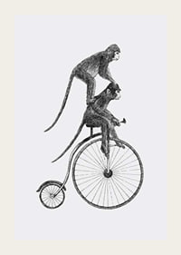 Svartvit illustration av två apor på en gammaldags cykel-3