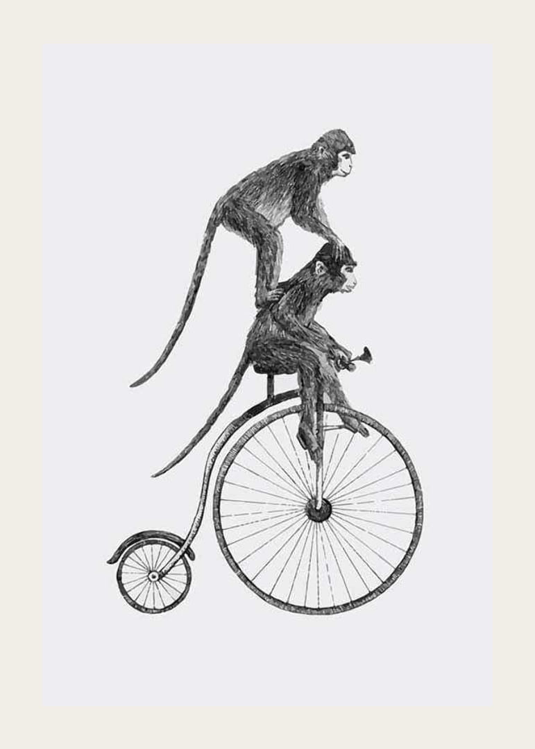 Illustration en noir et blanc de deux singes sur un vélo à l'ancienne-12