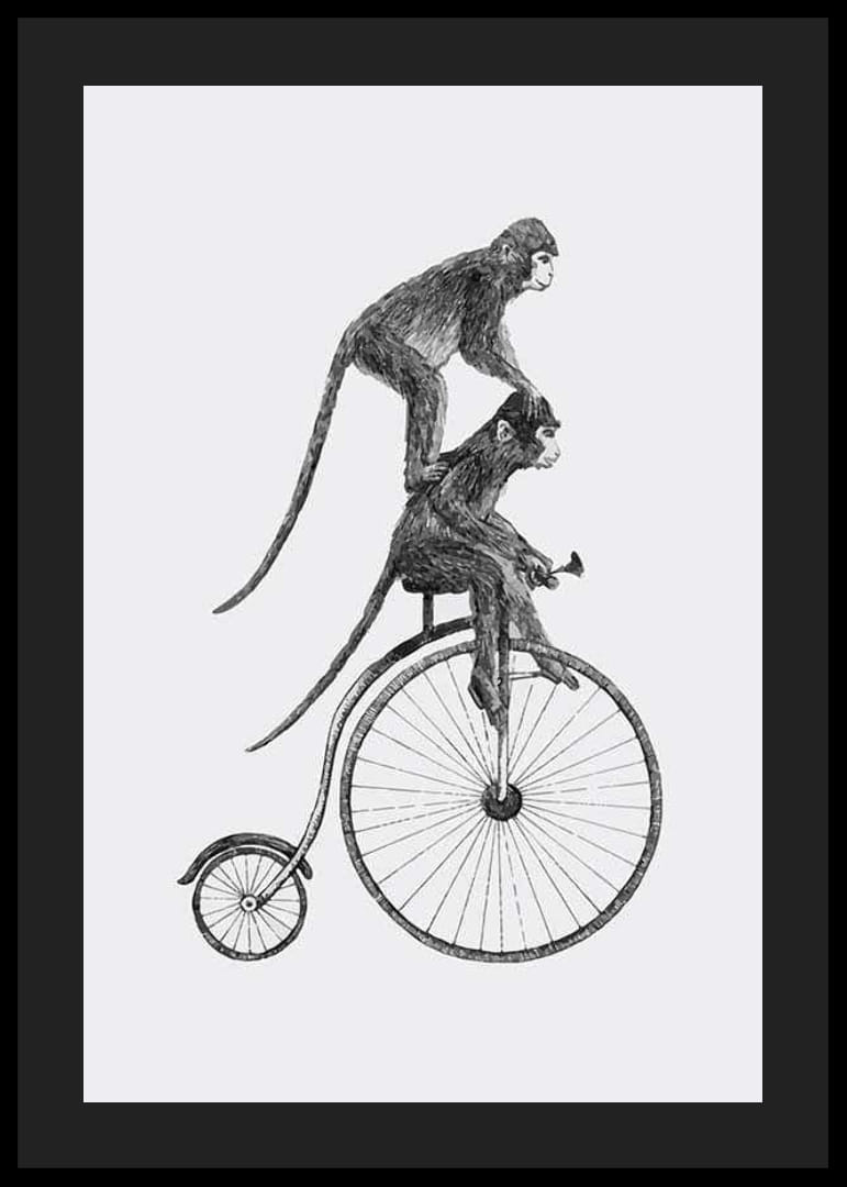 Illustration en noir et blanc de deux singes sur un vélo à l'ancienne-12