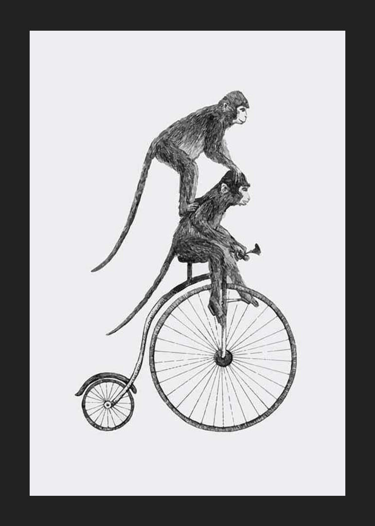 Illustration en noir et blanc de deux singes sur un vélo à l'ancienne-12