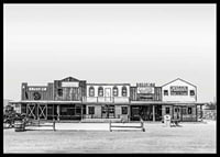 Black and white photo of historic wooden buildings on Route 66-6