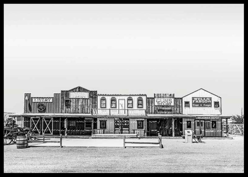 Black and white photo of historic wooden buildings on Route 66-12