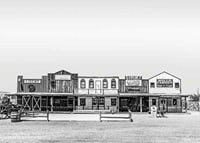 Black and white photo of historic wooden buildings on Route 66-7