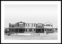 Black and white photo of historic wooden buildings on Route 66-0