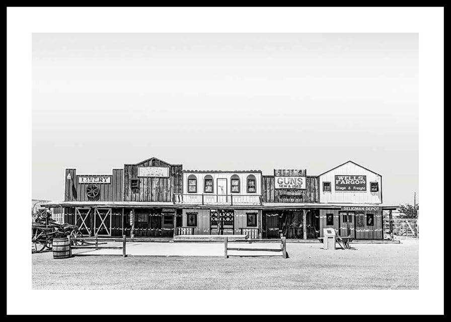 Black and white photo of historic wooden buildings on Route 66-12