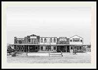 Black and white photo of historic wooden buildings on Route 66-2