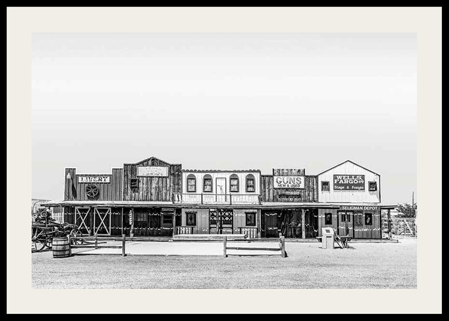 Black and white photo of historic wooden buildings on Route 66-12