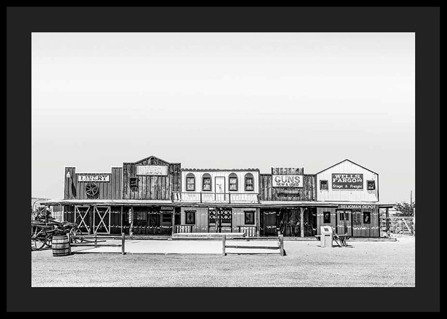 Black and white photo of historic wooden buildings on Route 66-12