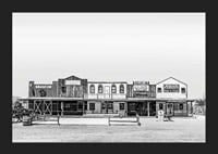 Black and white photo of historic wooden buildings on Route 66-5