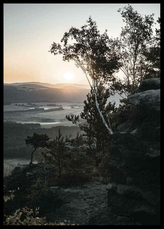 Photographic Swiss landscape at sunrise with trees and mountains-12