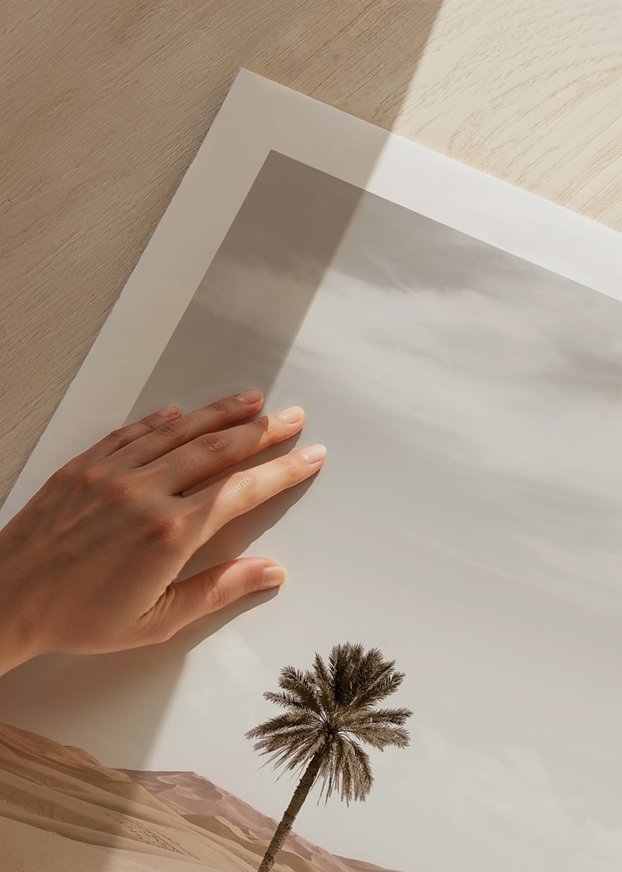 Photographic palm tree in desert with sand dunes and bright sky-12