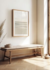 Photograph of calm sea at the beach in light beige tones-8