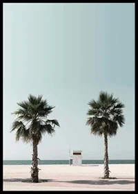 Photographic view of two palm trees and lifeguard tower at beach-6