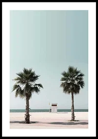 Photographic view of two palm trees and lifeguard tower at beach-0