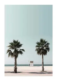 Photographic view of two palm trees and lifeguard tower at beach-1