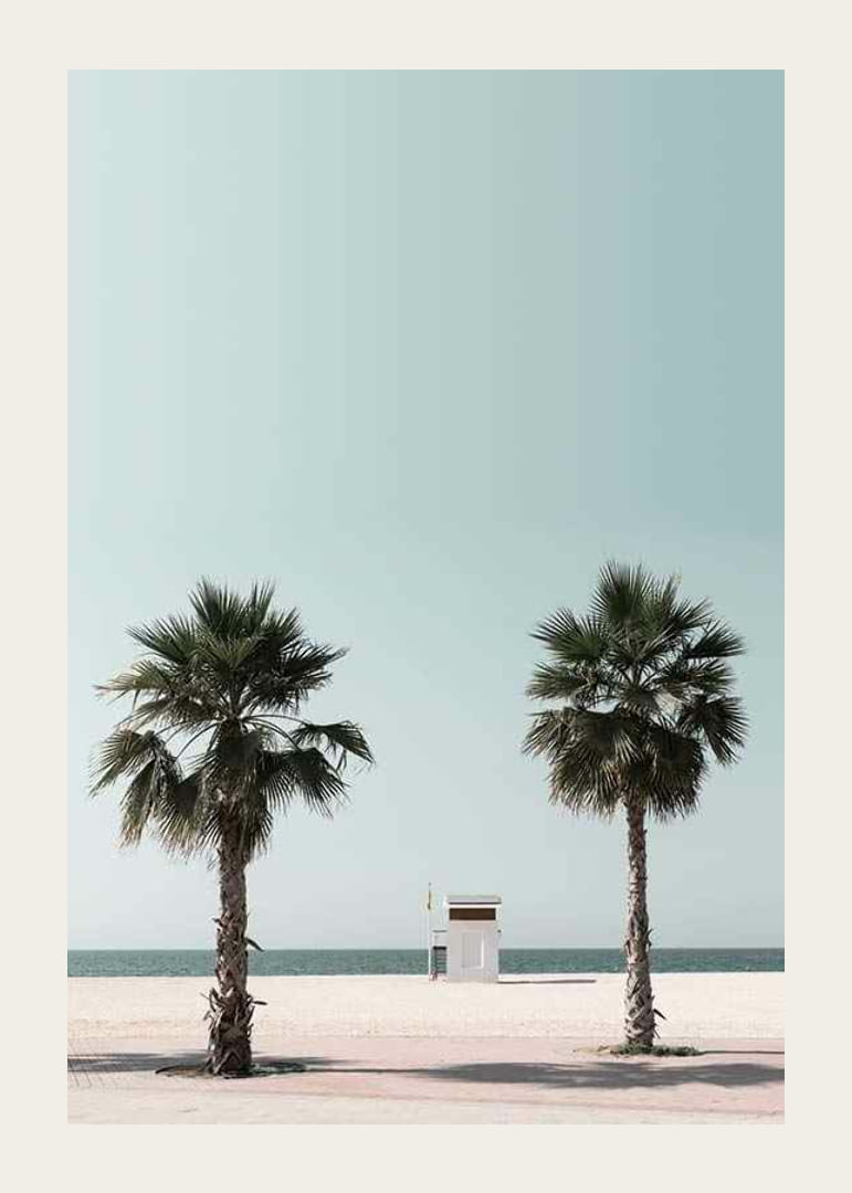 Vista fotográfica de duas palmeiras e torre de salva-vidas na praia-12