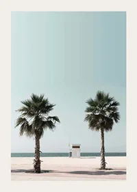 Photographic view of two palm trees and lifeguard tower at beach-3