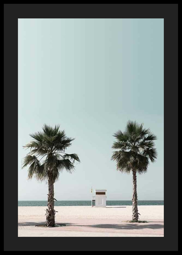 Vista fotográfica de duas palmeiras e torre de salva-vidas na praia-12