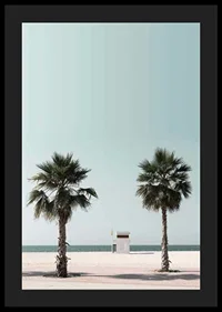 Photographic view of two palm trees and lifeguard tower at beach-4