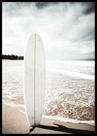 Photographic surfboard standing in the sand at the ocean's edge-6