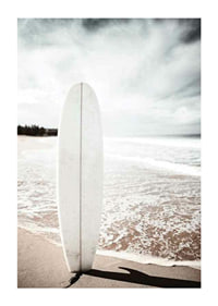 Photographic surfboard standing in the sand at the ocean's edge-1