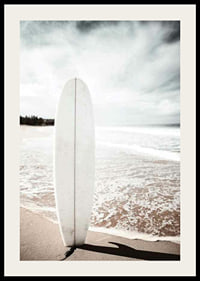 Photographic surfboard standing in the sand at the ocean's edge-2