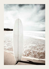 Photographic surfboard standing in the sand at the ocean's edge-3