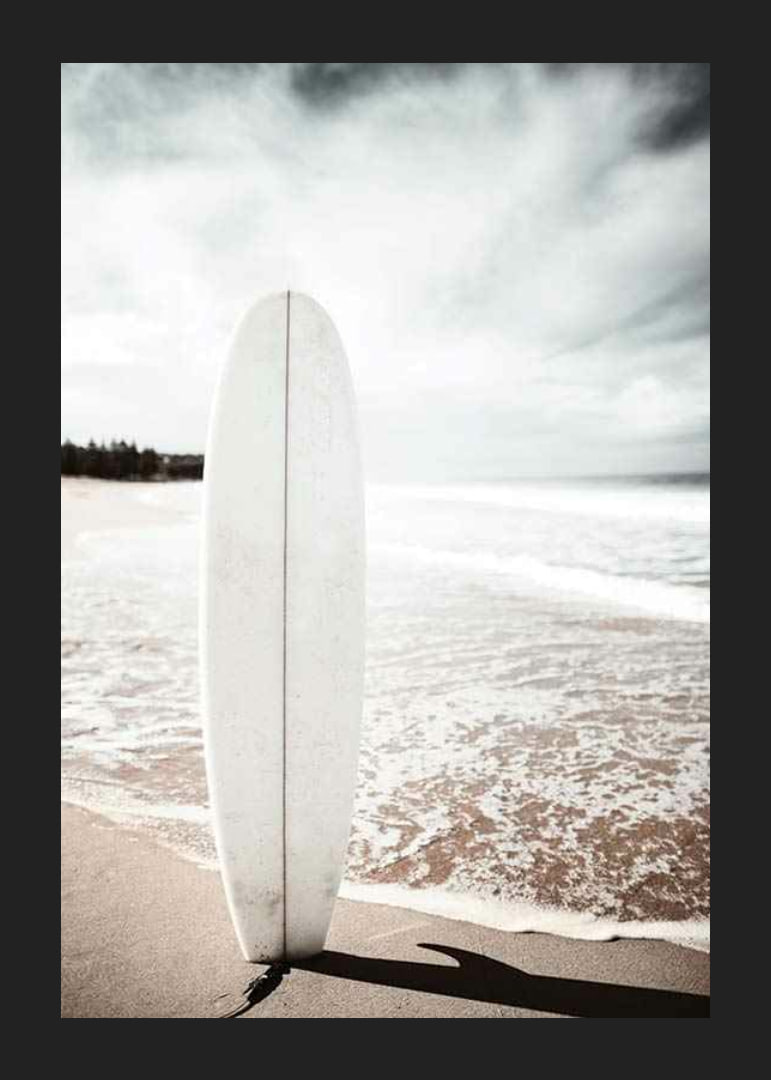 Photographic surfboard standing in the sand at the ocean's edge-12