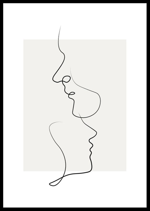 Arte lineal minimalista con dos caras de perfil, negro sobre beige.-12
