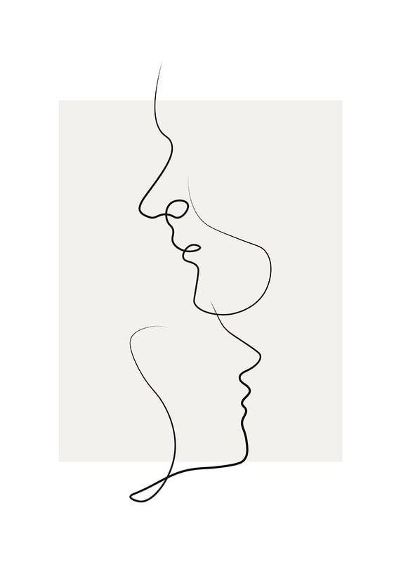 Arte lineal minimalista con dos caras de perfil, negro sobre beige.-12
