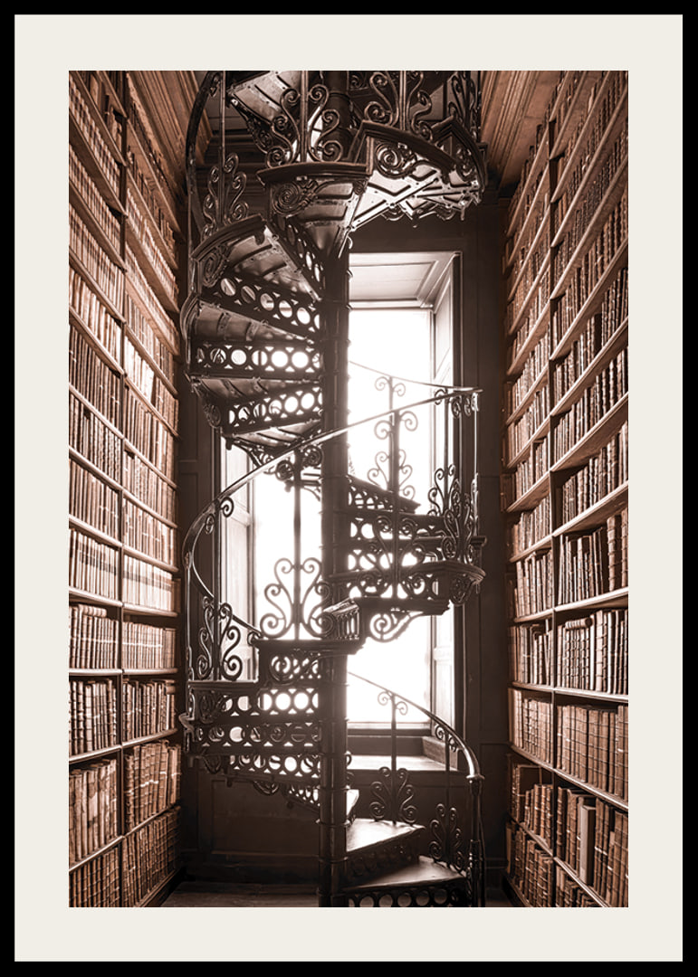 Photograph of spiral staircase in historic library with books-12