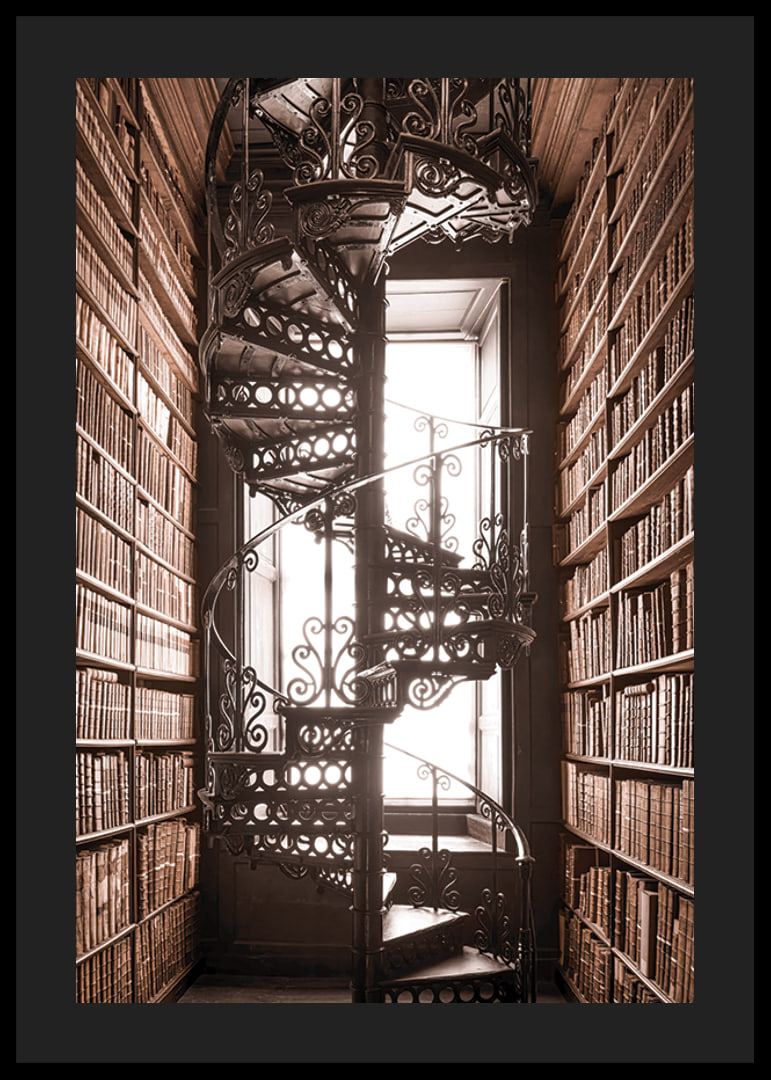 Photograph of spiral staircase in historic library with books-12