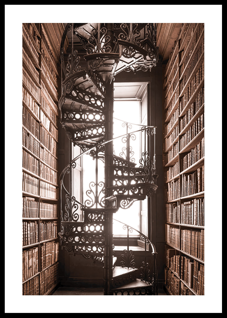 Photograph of spiral staircase in historic library with books-12