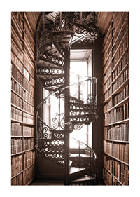 Photograph of spiral staircase in historic library with books-1
