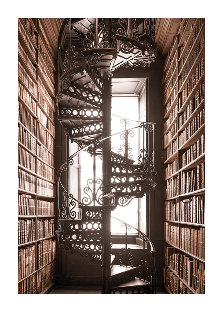 Photograph of spiral staircase in historic library with books-12