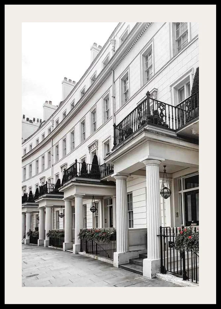 Photograph of white Georgian townhouses with wrought iron details-12