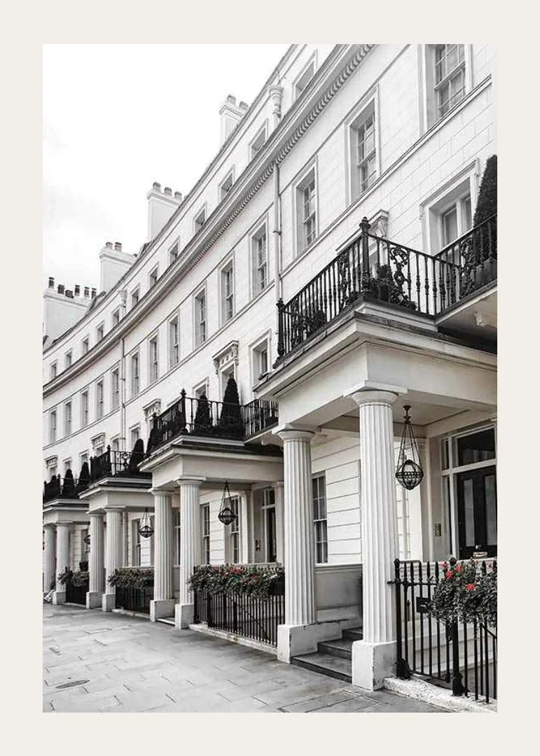Photograph of white Georgian townhouses with wrought iron details-12