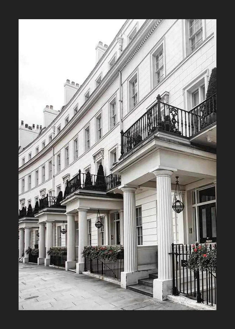 Photograph of white Georgian townhouses with wrought iron details-12