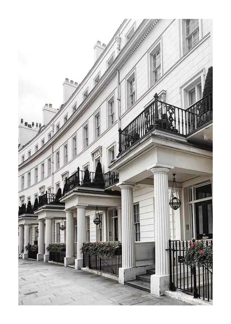 Photograph of white Georgian townhouses with wrought iron details-12