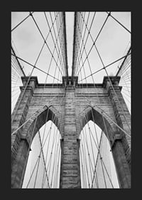 Black and white close-up of Brooklyn Bridge with cables and arches-5