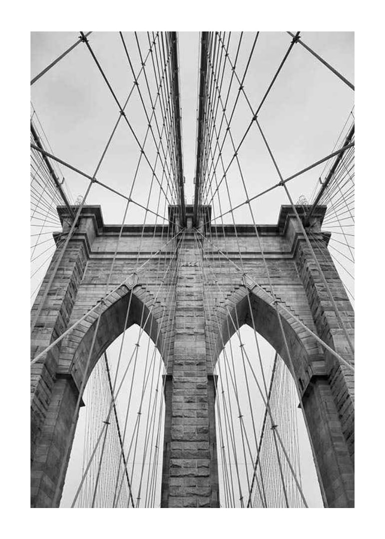 Black and white close-up of Brooklyn Bridge with cables and arches-12