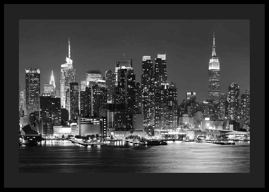 Black and white photograph of Manhattan skyline at night-12