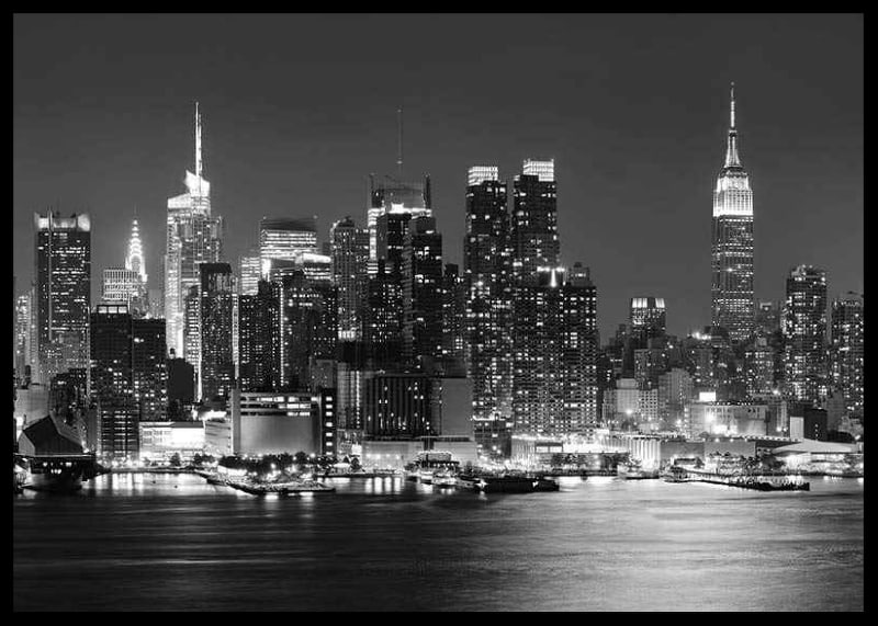 Black and white photograph of Manhattan skyline at night-12