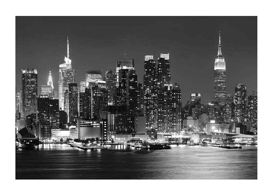 Black and white photograph of Manhattan skyline at night-12